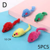 Five colorful plush simulation mouse cat toys displayed on a light pink and blue background.