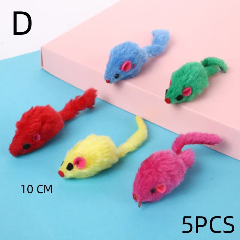 Five colorful plush simulation mouse cat toys displayed on a light pink and blue background.