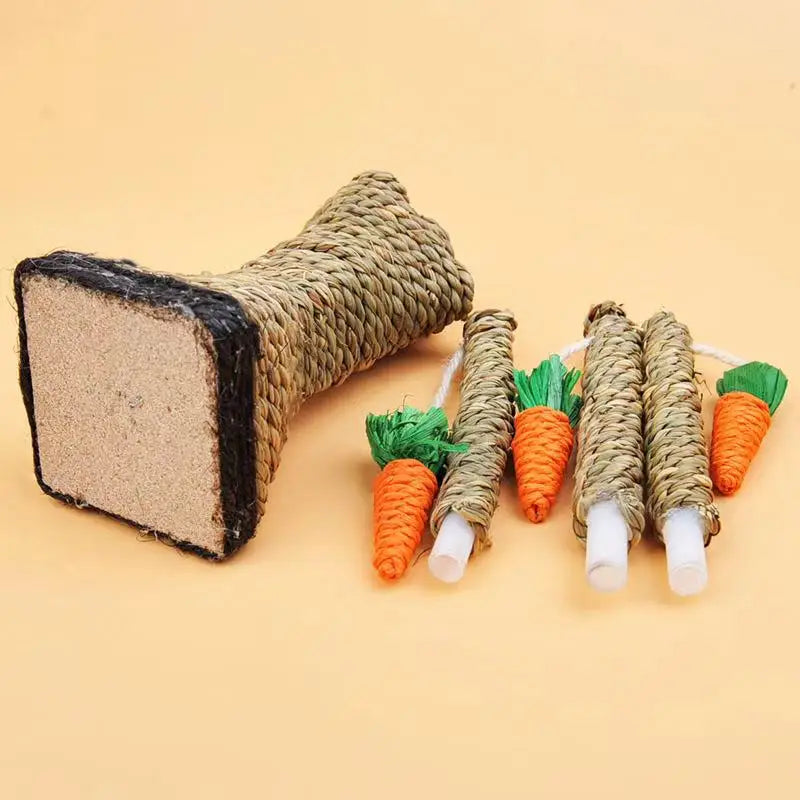 A natural grass carrot tree chew toy for rabbits and small pets, wrapped in twine.
