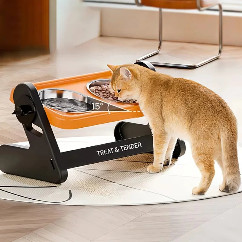 An orange adjustable raised cat bowl with a stand is shown feeding a tabby cat.