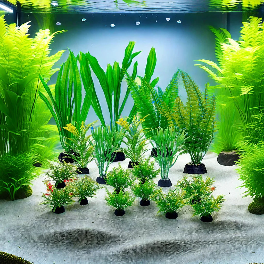 A collection of 18 artificial green aquatic plants displayed on a sandy substrate in a clear tank.