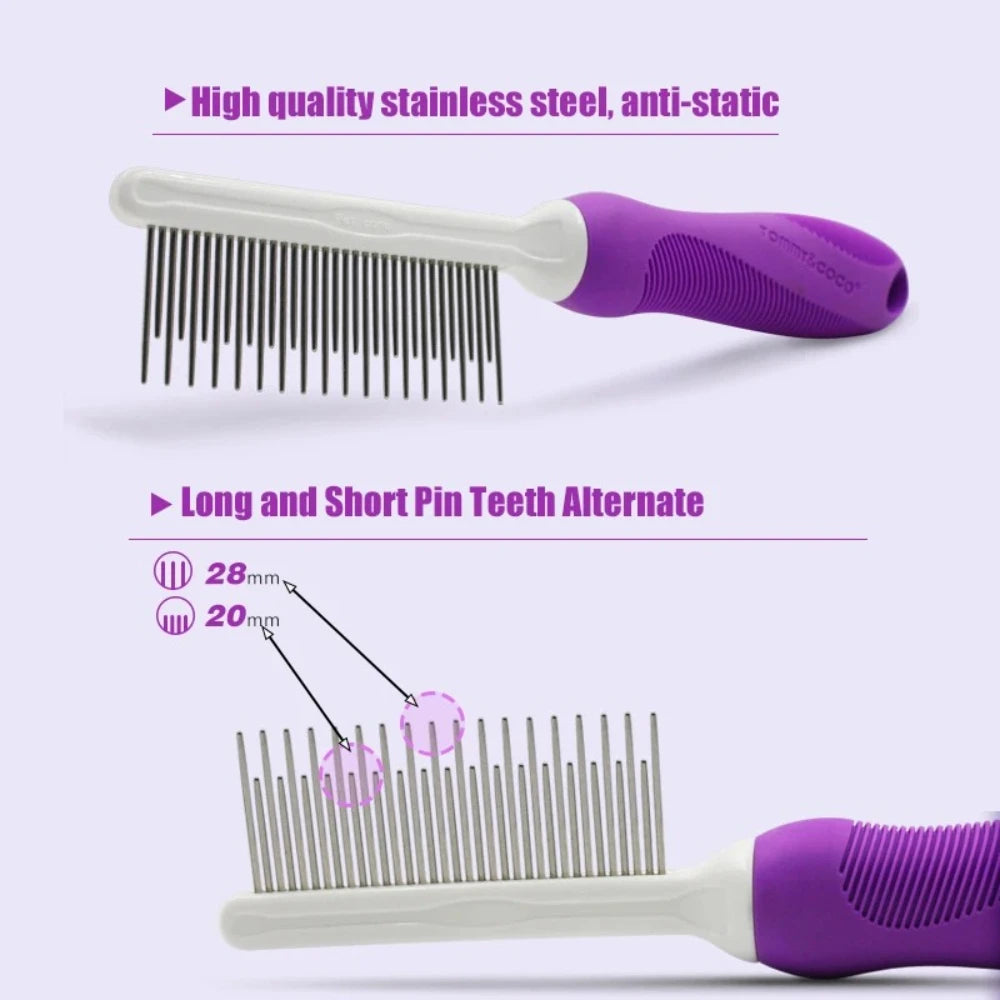 A white and purple dual-sided pet grooming comb with stainless steel teeth is shown in a close-up view.