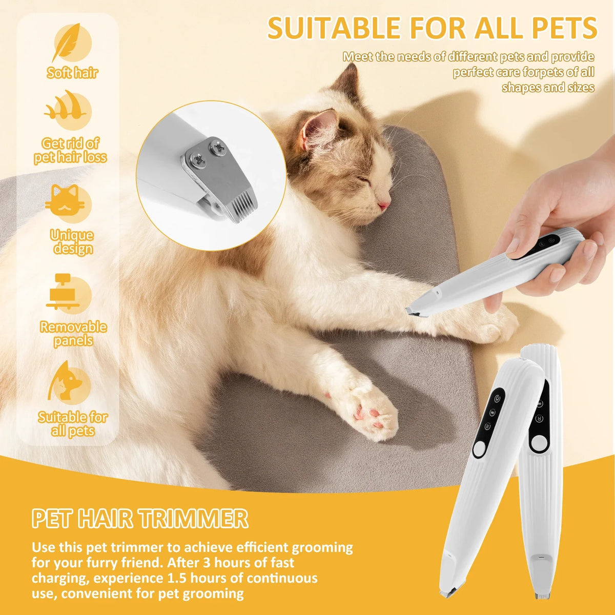 Weißer kabelloser Haartrimmer für Haustiere wird an einer Katze verwendet, zeigt Designmerkmale.