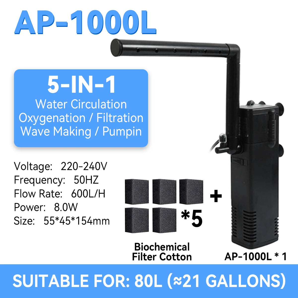 Filtre et pompe de circulation d'eau noir AP-1000L avec cinq morceaux de coton filtre.