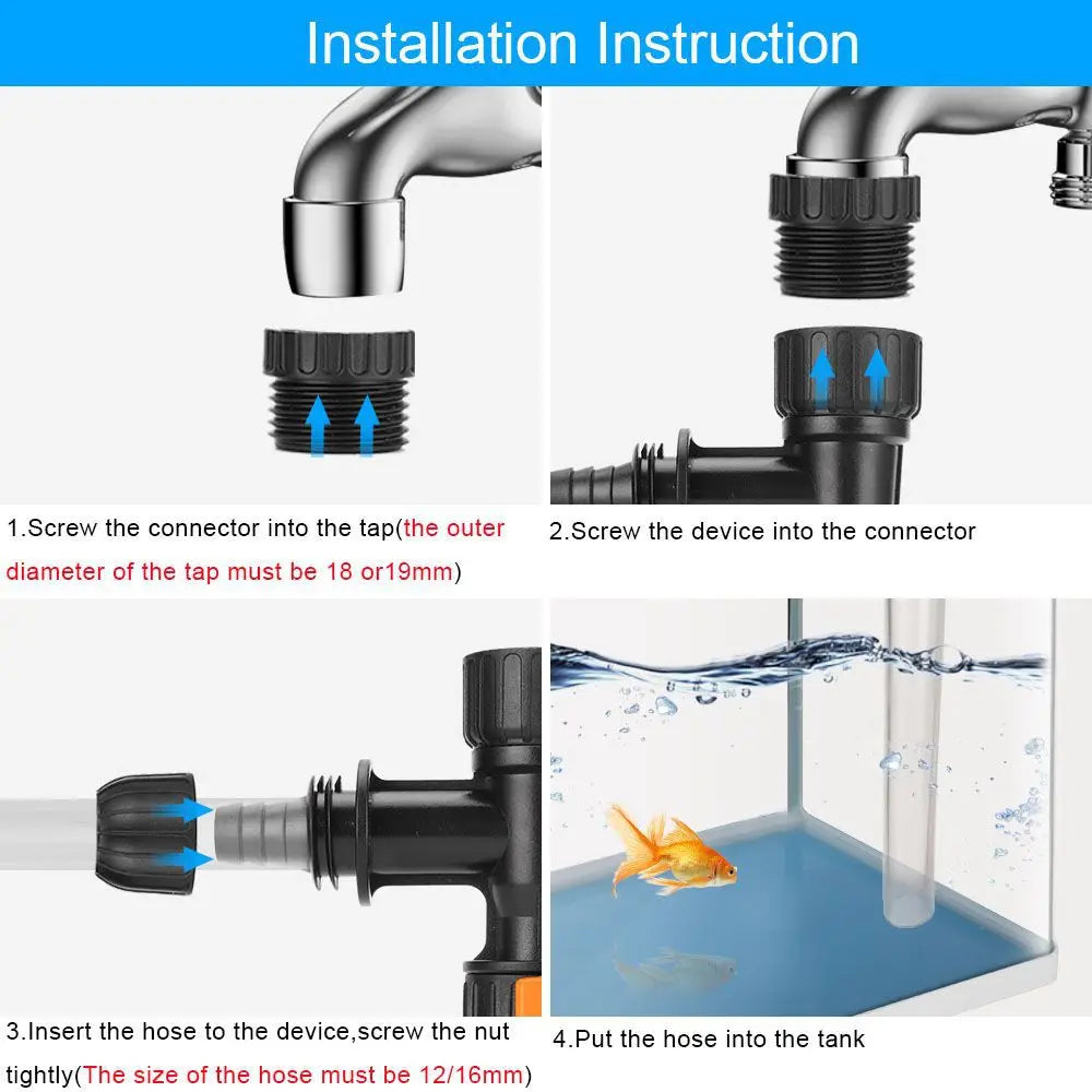 Installation instructions showing how to connect a siphon pump hose to an aquarium tank.