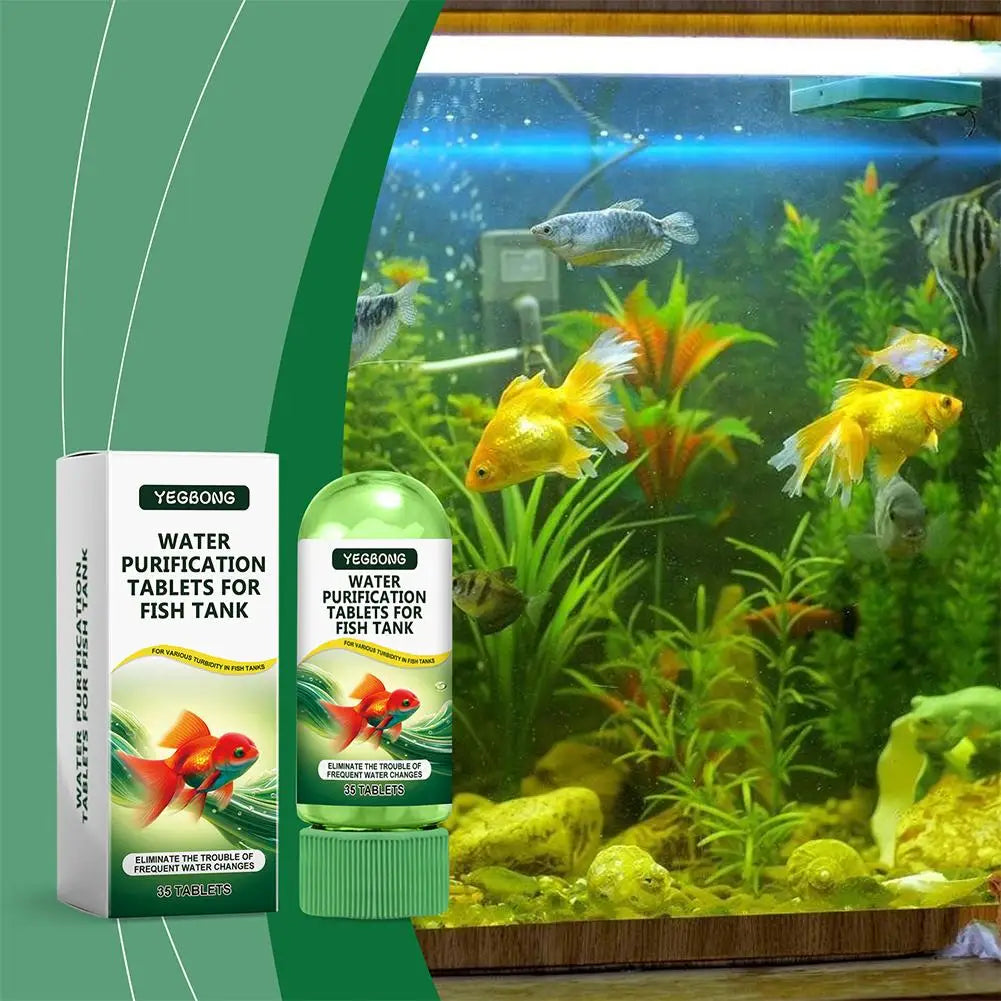Yegbong water purification tablets for fish tank shown next to a vibrant aquarium with tropical plants and fish.