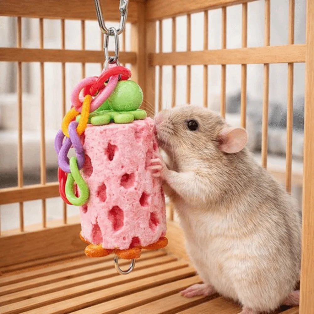 A small brown rodent is interacting with a pink, textured chewing toy shaped like a cake and topped with a green blob inside 