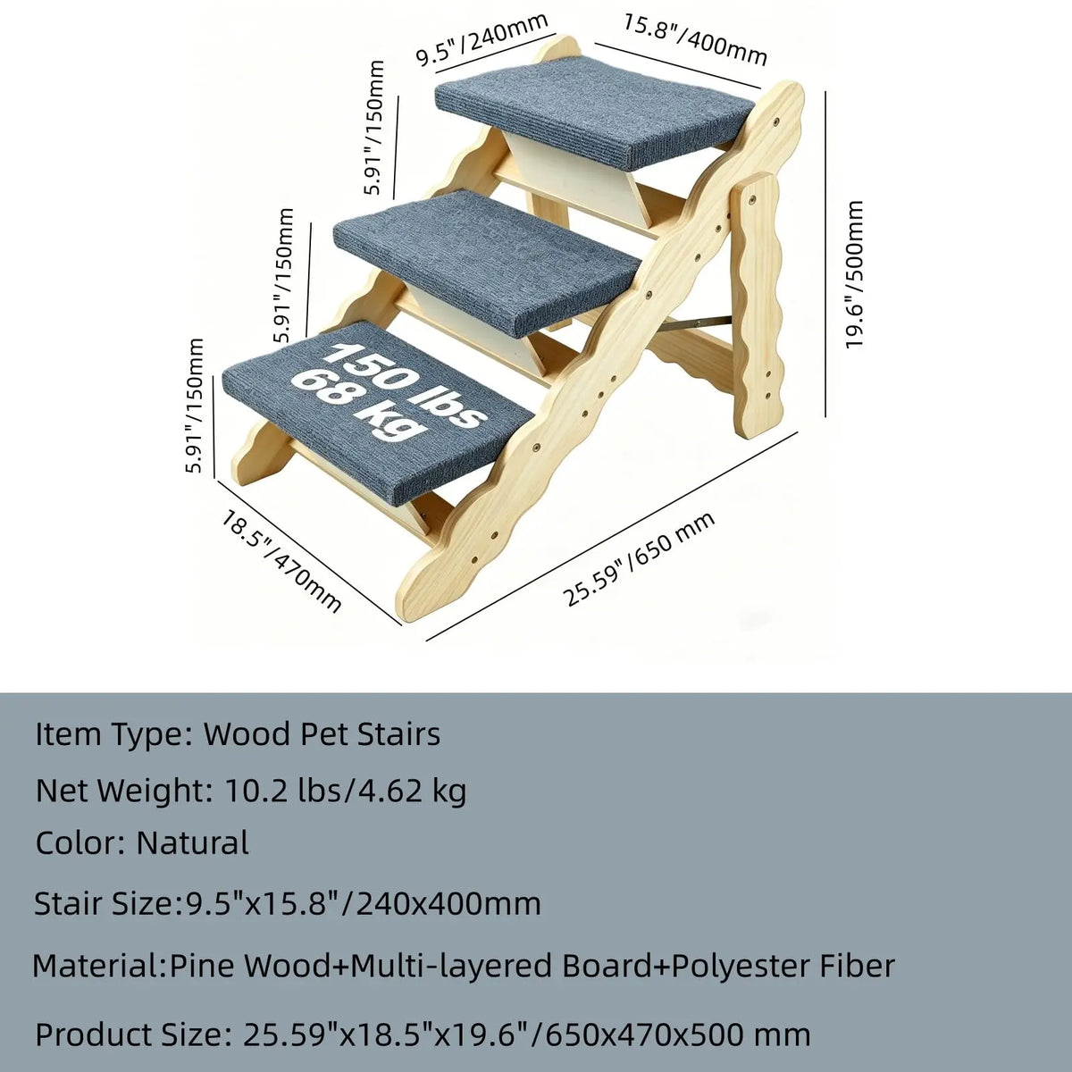 Natural wood pet stairs with two layered steps and ramp for dogs