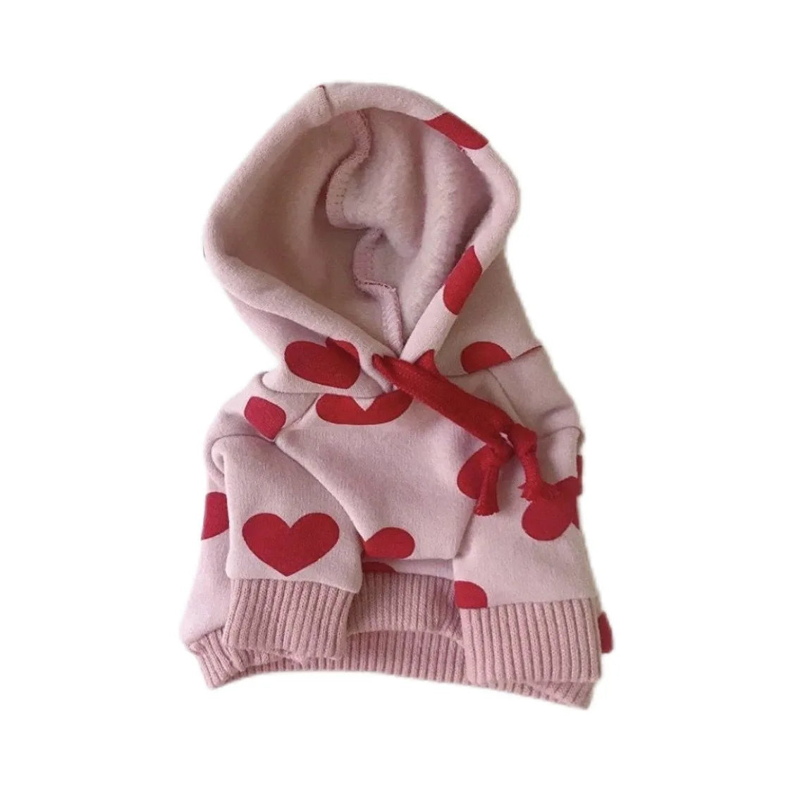 Rosa Hoodie mit rotem Herzdruck, für kleine Hunde entworfen.