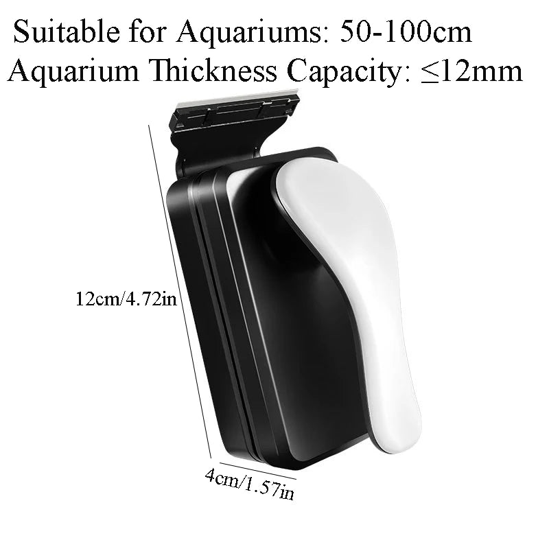 A black and white magnetic aquarium cleaning brush with a curved handle.