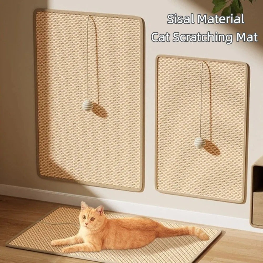 A sisal cat scratching mat is displayed on a wall, with a cat resting on a matching mat below.