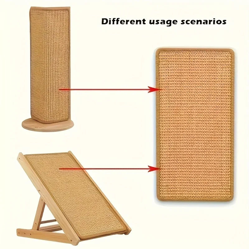 A cat scratch pad for furniture protection and play shown in three usage scenarios: a vertical pad, a flat mat, and an angled