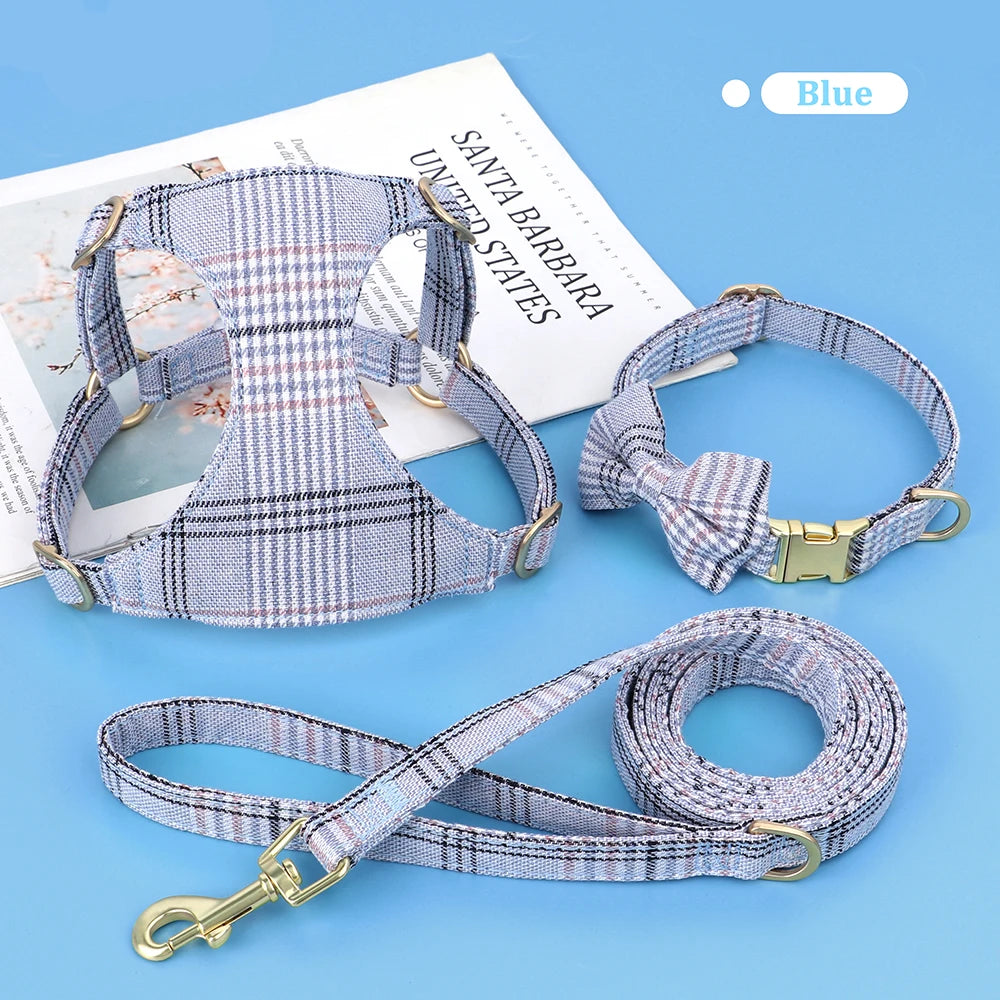 Classic Plaid Dog Collar, Harness & Leash Set with Bowtie