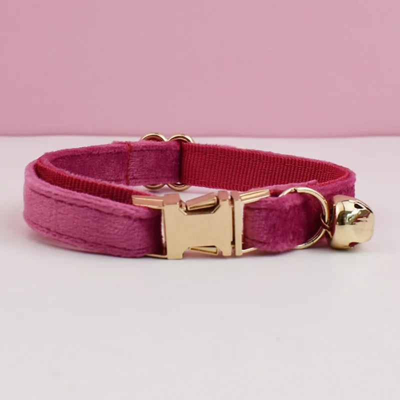 A pink velvet cat collar with a gold-toned buckle and bell.
