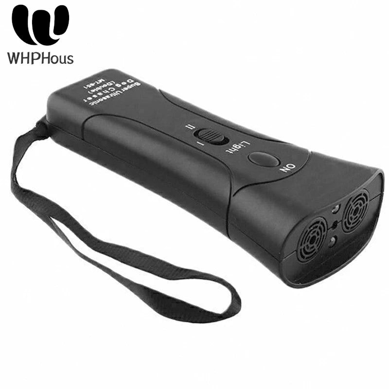 Black ultrasonic dog deterrent device with an on switch and LED light feature