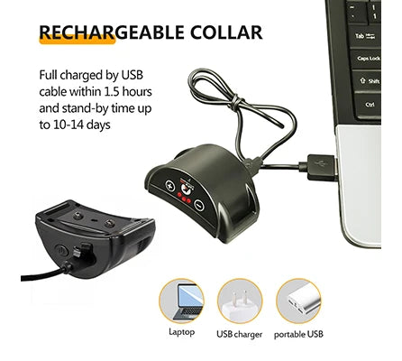 A rechargeable dog collar shown next to a laptop, USB charger, and portable USB device.