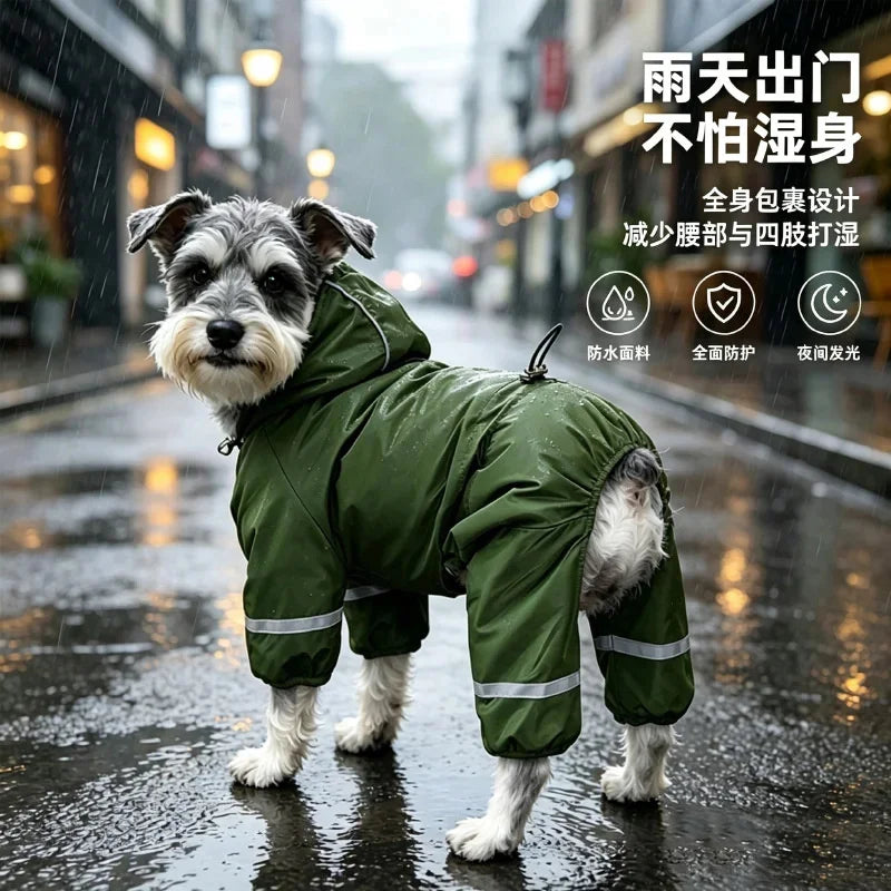 A small dog wearing a green insulated hooded raincoat with reflective strips walking on a wet city street.