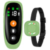 A green rechargeable anti-bark dog training collar with a remote control and strap.