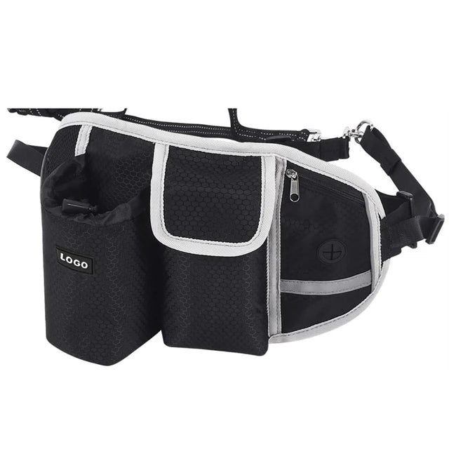Black hands-free dog walking belt with a treat pouch and bungee leash