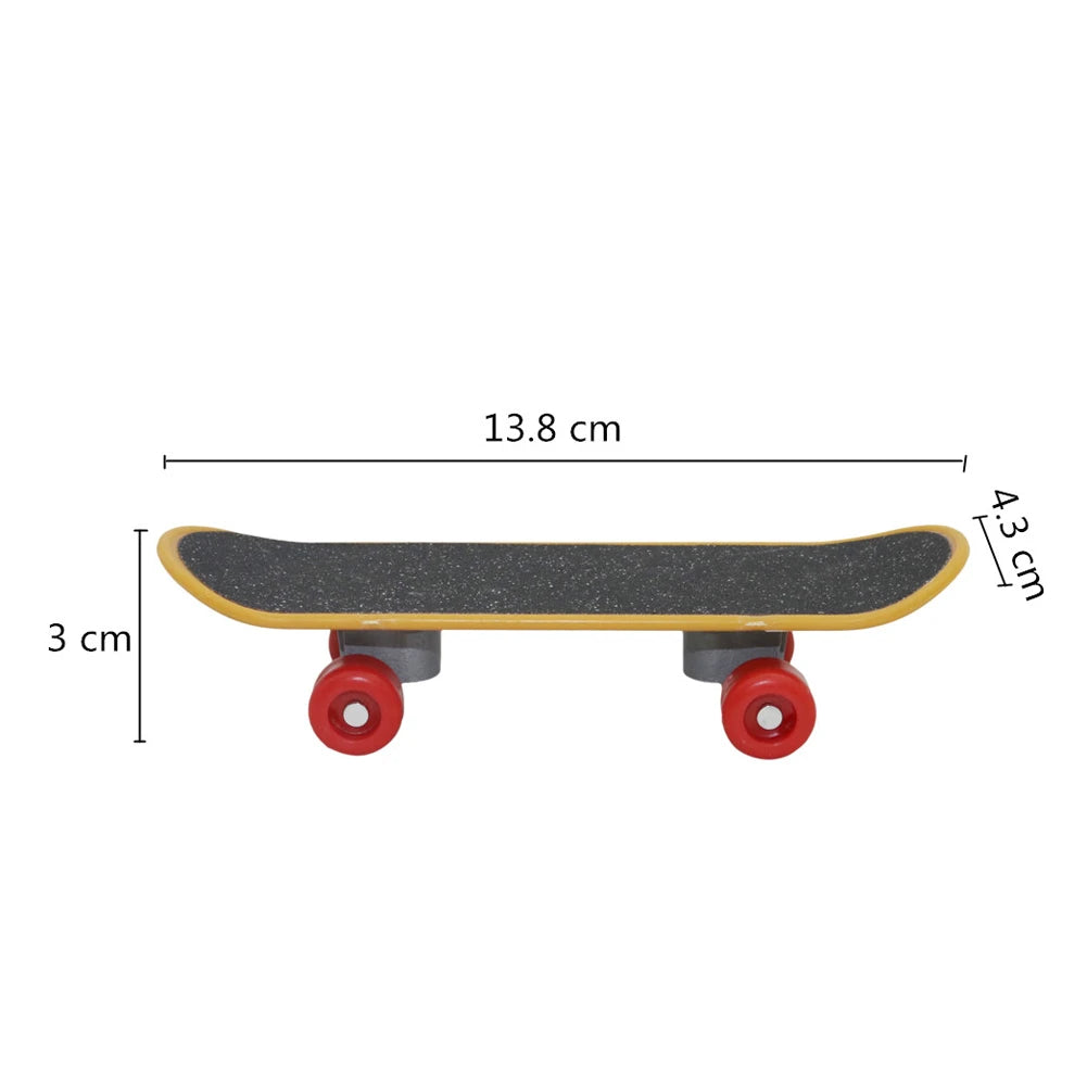 A yellow mini skateboard toy with black deck and red wheels, measuring 13.8 cm long.