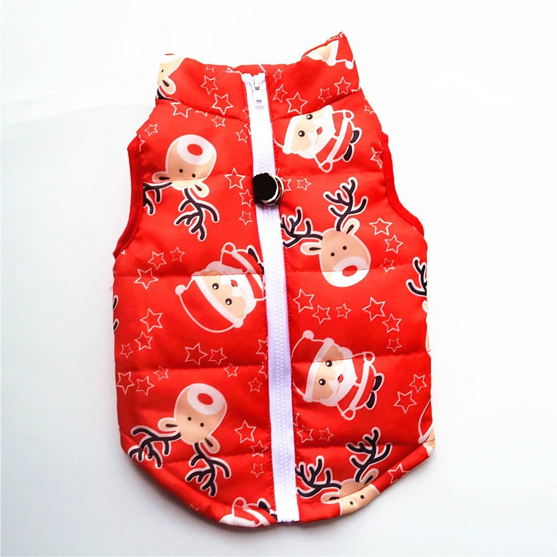 A red quilted dog coat with white and orange reindeer patterns and a white zipper.