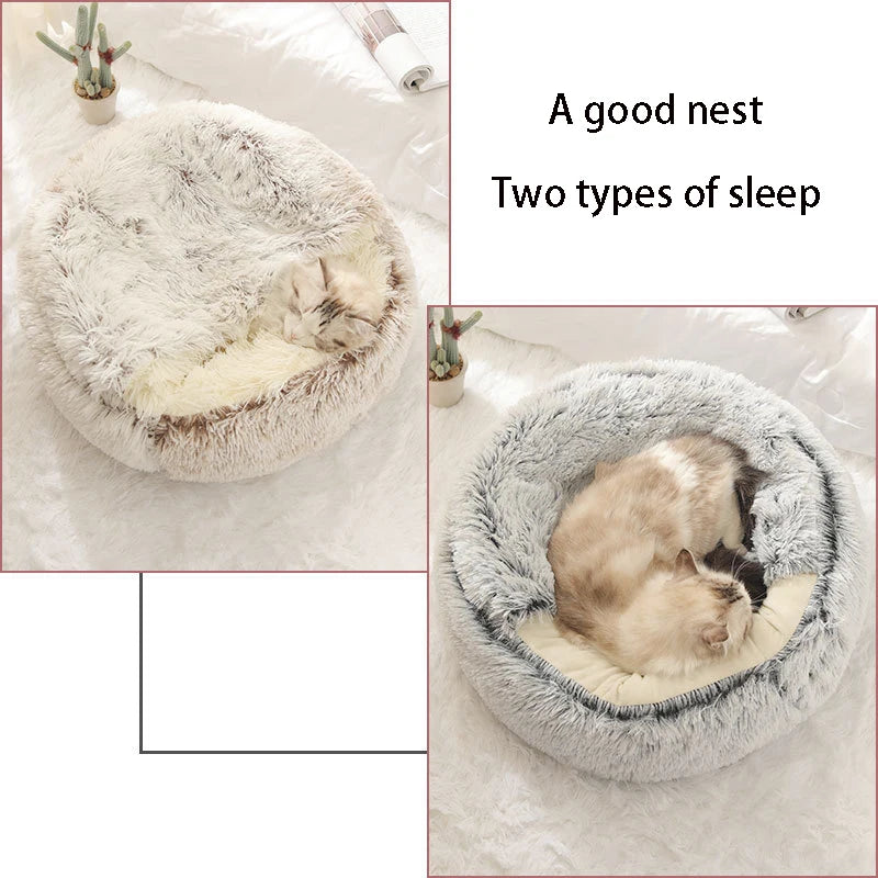 Two types of cozy round plush pet beds for sleep with removable covers
