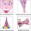 Set für Hundekindlichen Geburtstag: Pinke Mütze mit Geburtstagsdruck, bunte Pompons und eine rosa Fliege.