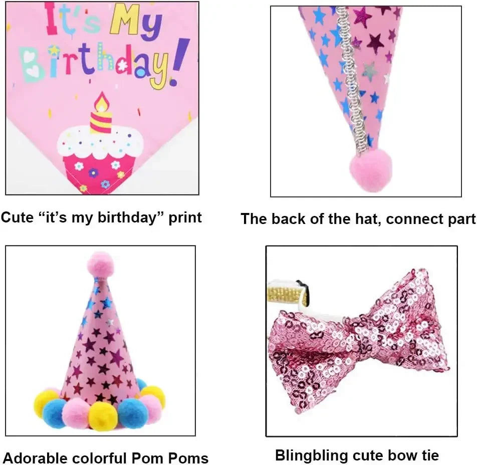 Set für Hundekindlichen Geburtstag: Pinke Mütze mit Geburtstagsdruck, bunte Pompons und eine rosa Fliege.