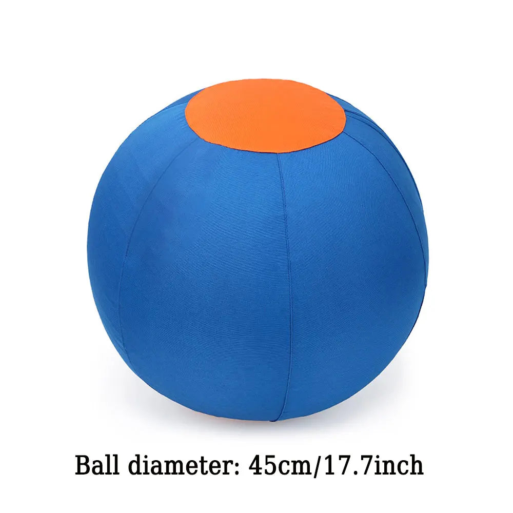 Blue inflatable ball with an orange top, used for herding dogs and horses.