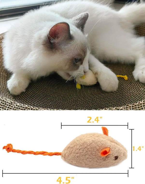 A white cat is interacting with a tan plush mouse toy with an orange rattle.