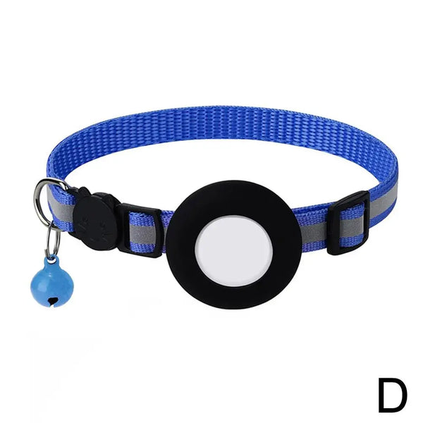 A blue woven collar with a black circular tag and a blue charm attached.