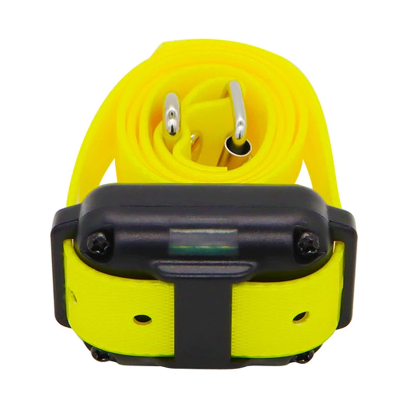 Yellow and black long-range dog training collar with a remote control transmitter.