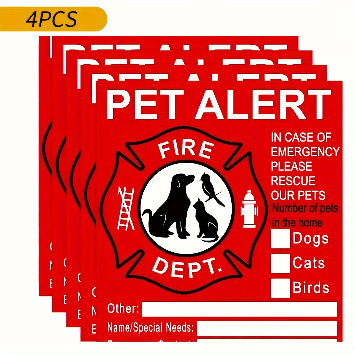 Four red window stickers with the text PET ALERT and emergency contact information for pets