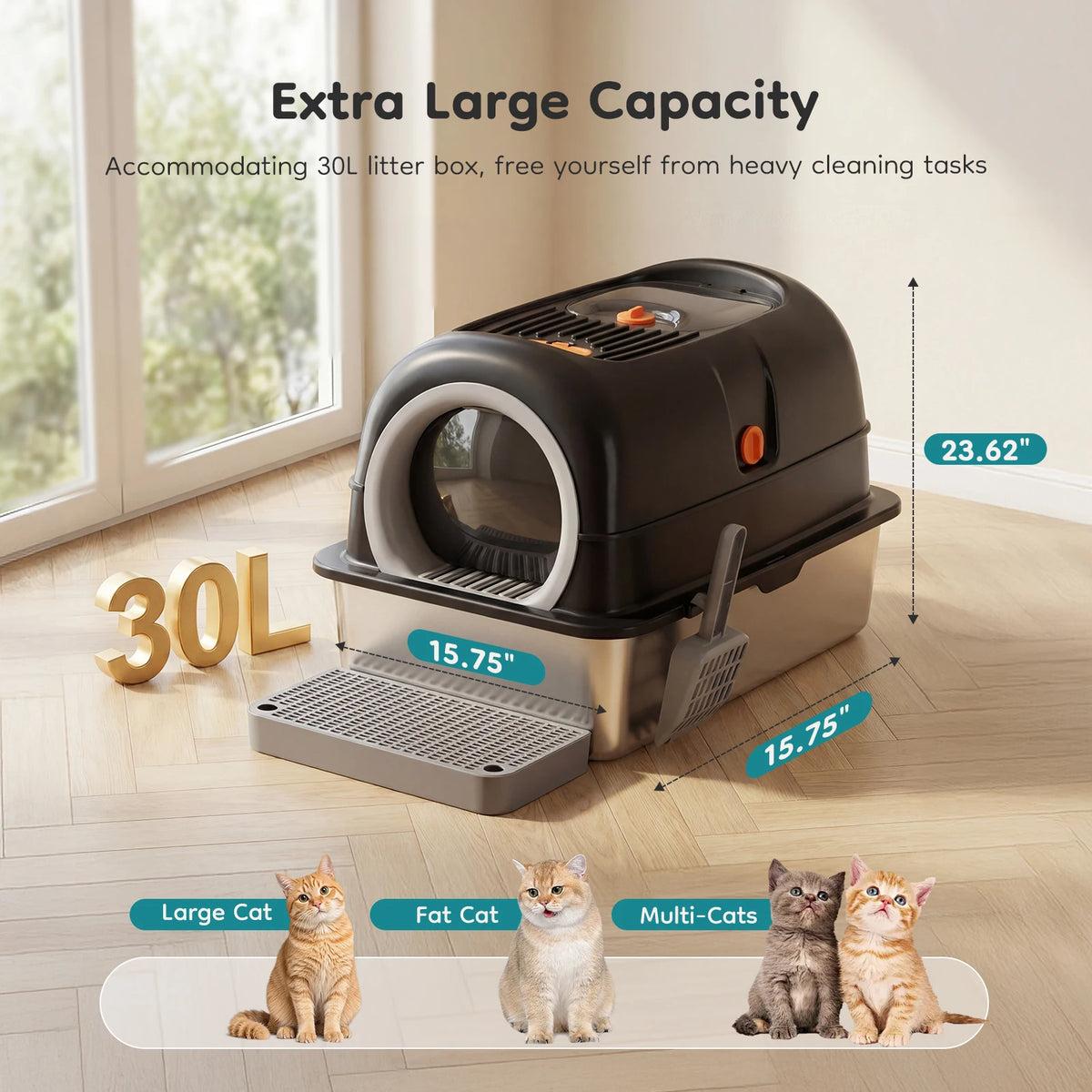 A black litter box with a stainless steel base and lid is shown next to several cats.