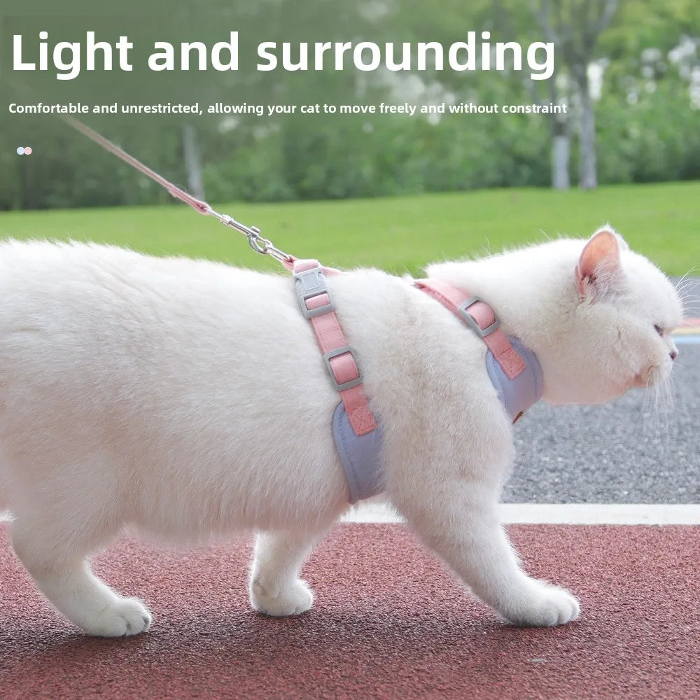A white cat wearing a pink and gray harness is walking outdoors on a red surface.