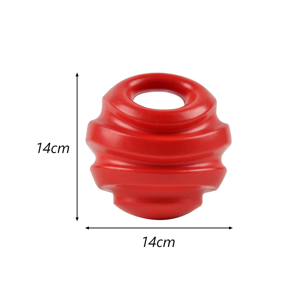 A red, textured dog chew toy designed for teeth cleaning and gum massage.