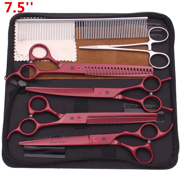 A black case containing various professional stainless steel pet grooming scissors and clippers.
