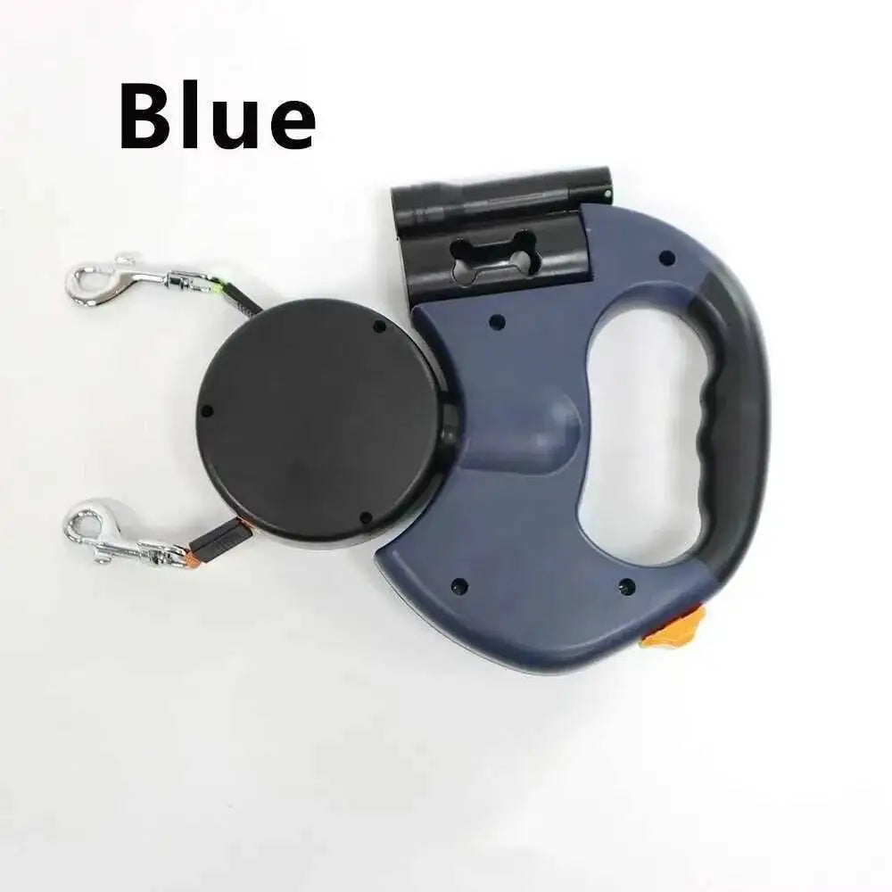 Blue double dog retractable leash with built-in LED flashlight