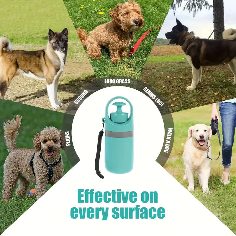 Türkis-ergonomischer Hundekotbeutel mit Beutelspender, umgeben von verschiedenen Hunderassen.