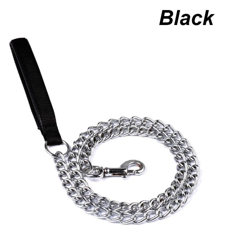 Black heavy-duty anti-chew metal dog leash with a soft handle for training