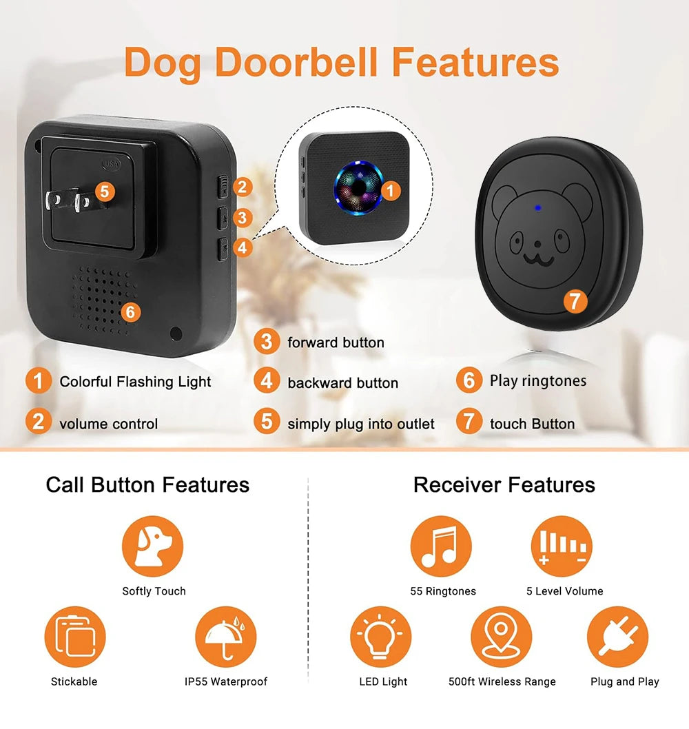 A black wireless dog doorbell with features like a colorful flashing light, volume control, and a touch button.