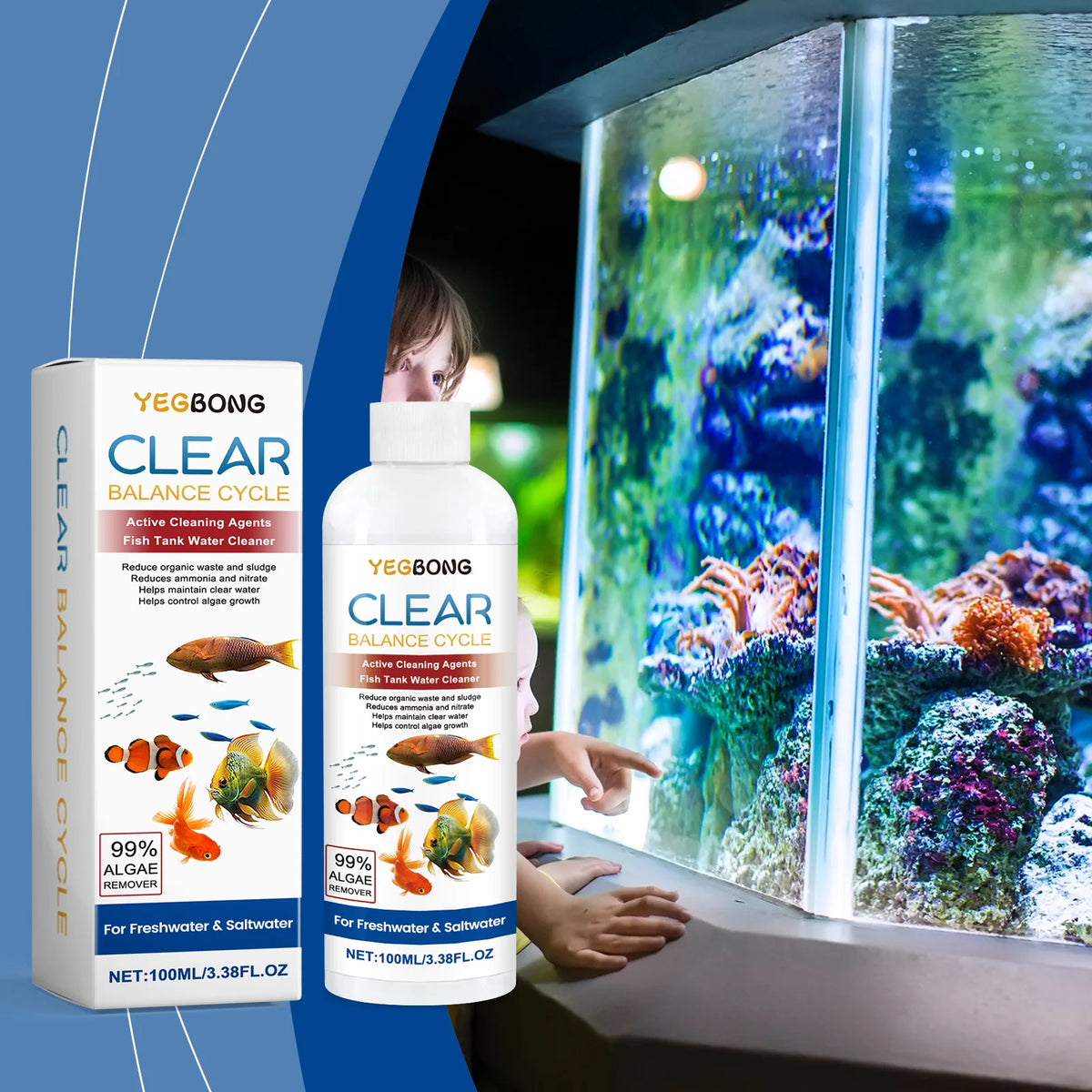 Yegbong Clear Balance Cycle Aquariumwasserreinigerflasche neben einem Glasbecken mit Wasserpflanzen