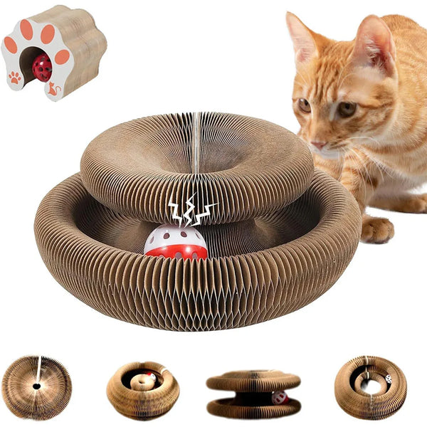 Interactive accordion cat scratcher with a toy ball and a cat playing nearby.