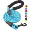 A bright blue reflective nylon dog leash with a soft black handle and a series of colored reflective discs.