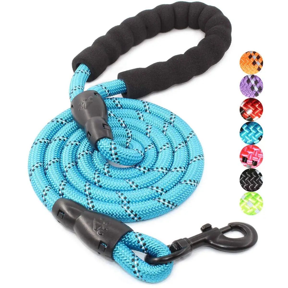 A bright blue reflective nylon dog leash with a soft black handle and a series of colored reflective discs.