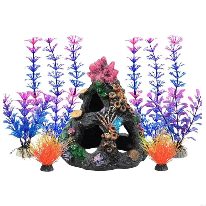 A set of resin fish tank ornaments featuring vibrant purple and blue coral reef aquarium decor.