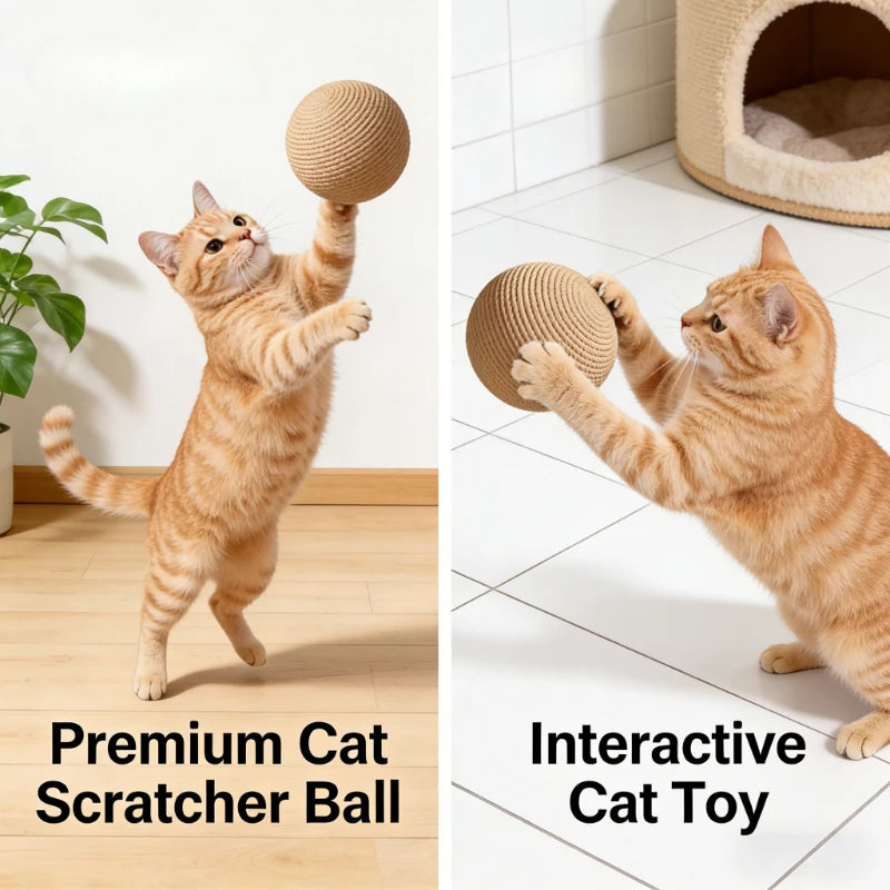 A fluffy orange cat is playing with a round, textured sisal ball cat toy.