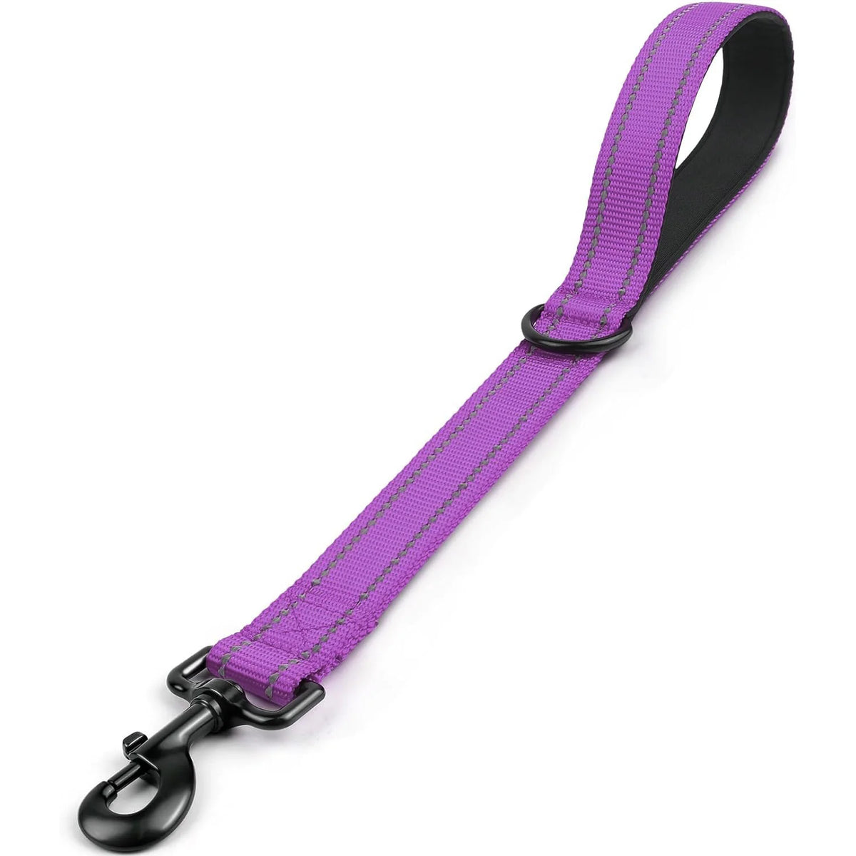 A purple heavy-duty short dog leash with a padded handle and reflective threads.