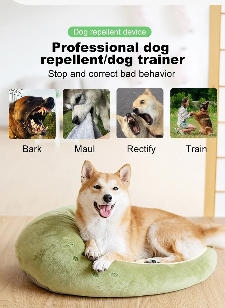 A fluffy Shiba Inu dog is resting on a green cushion, demonstrating the professional dog repellent device.