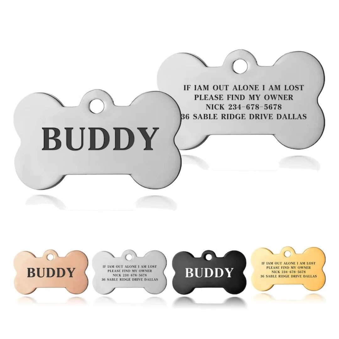 Silver engraved bone-shaped pet ID tag with the name BUDDY and contact information